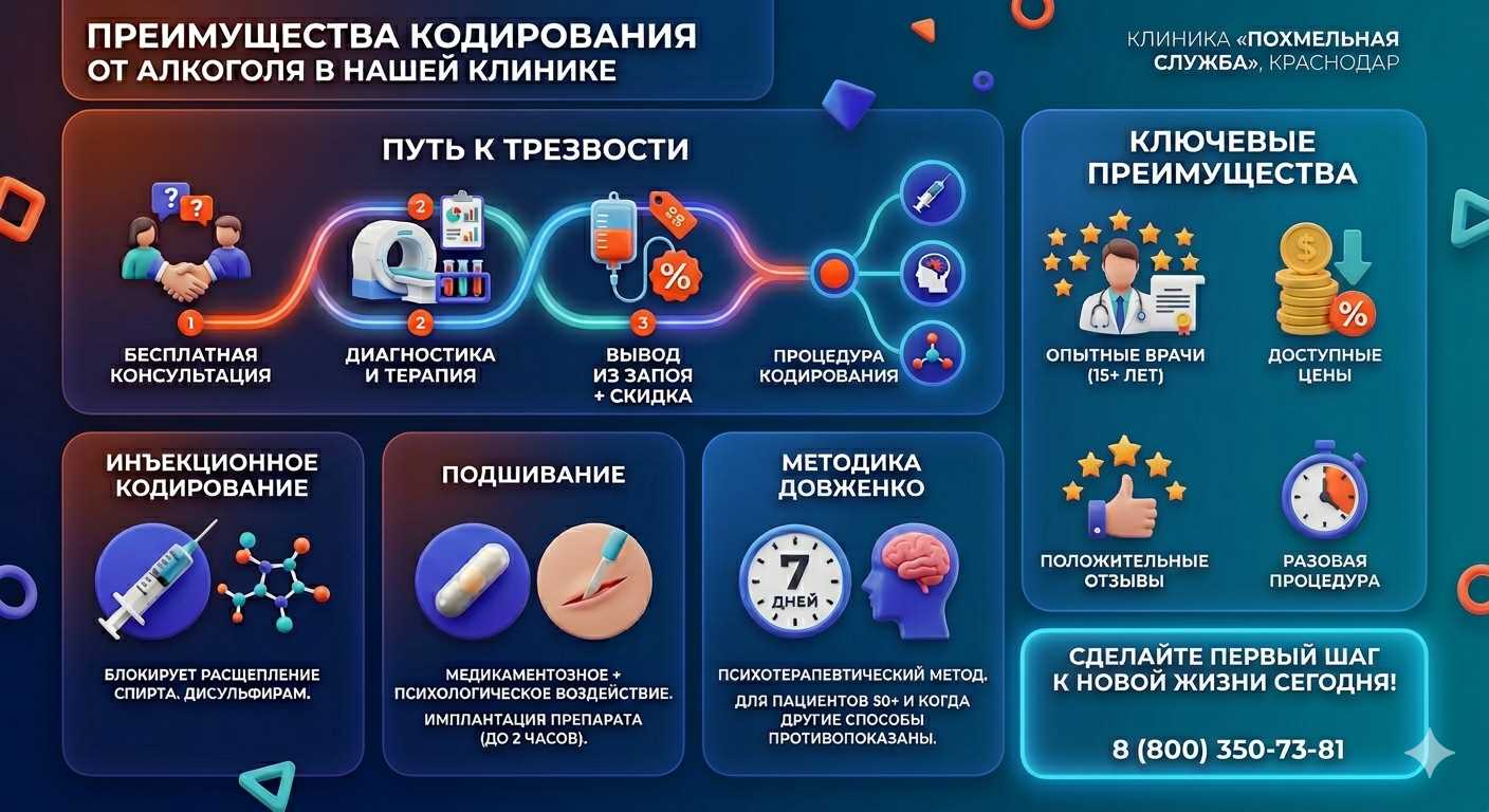 Инфографика о методах кодирования от алкоголя в Новой Каховке: инъекции, подшивание, метод Довженко. Преимущества клиники и этапы лечения.