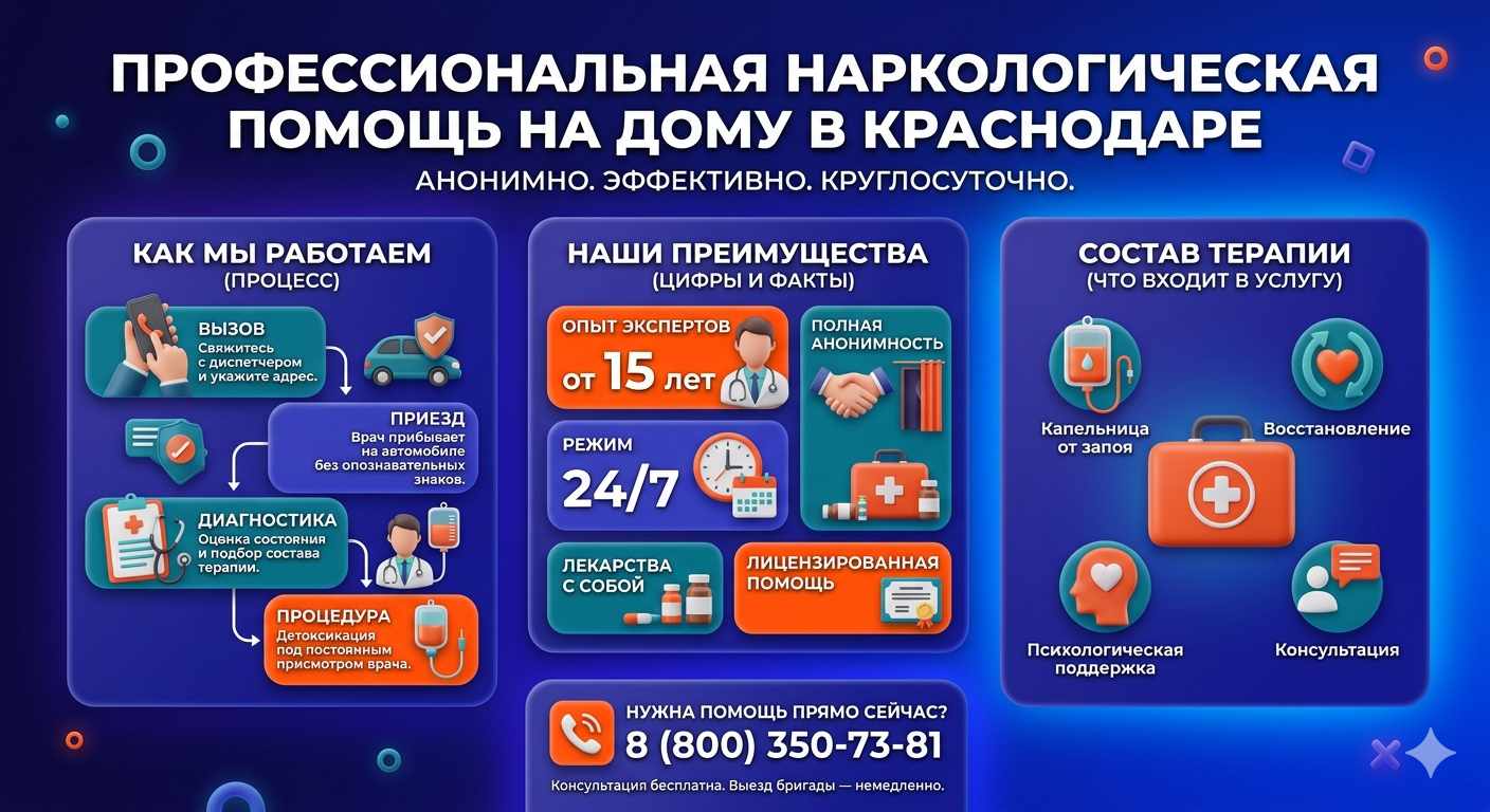 Инфографика о принципах лечения алкоголизма на дому в Новой Каховке: этапы вызова нарколога, преимущества анонимной детоксикации и состав медицинской помощи.